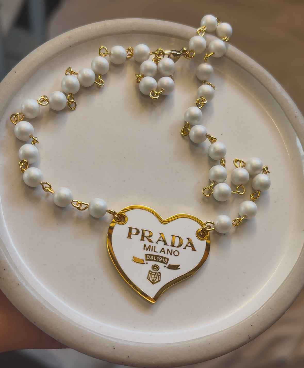 PRADA WHITE HEART PEARL & GOLD CHAIN