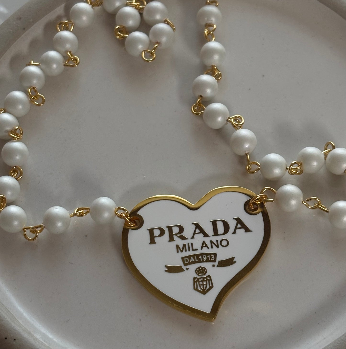 PRADA WHITE HEART PEARL & GOLD CHAIN