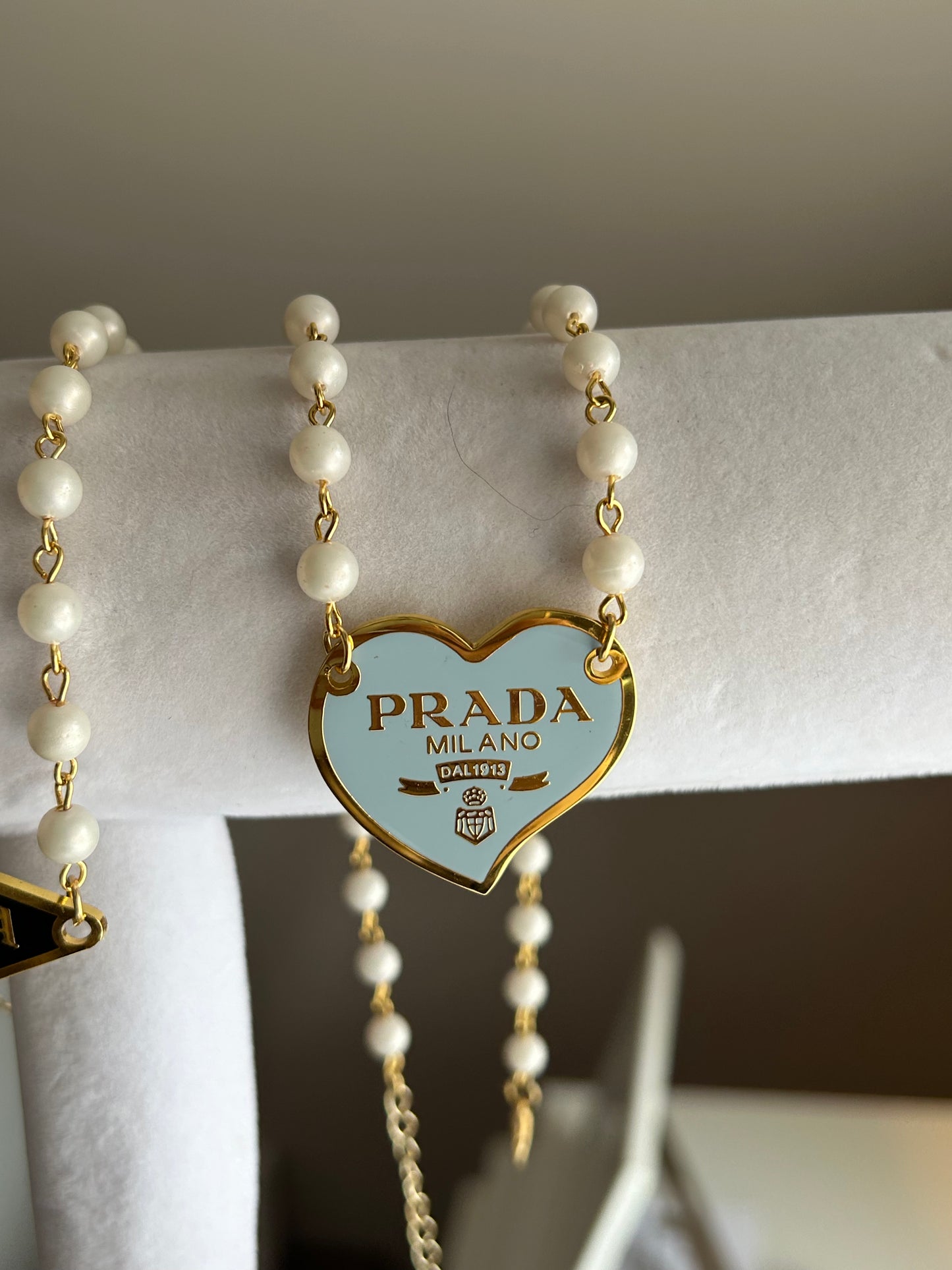 PRADA BLUE HEART PEARL & GOLD CHAIN