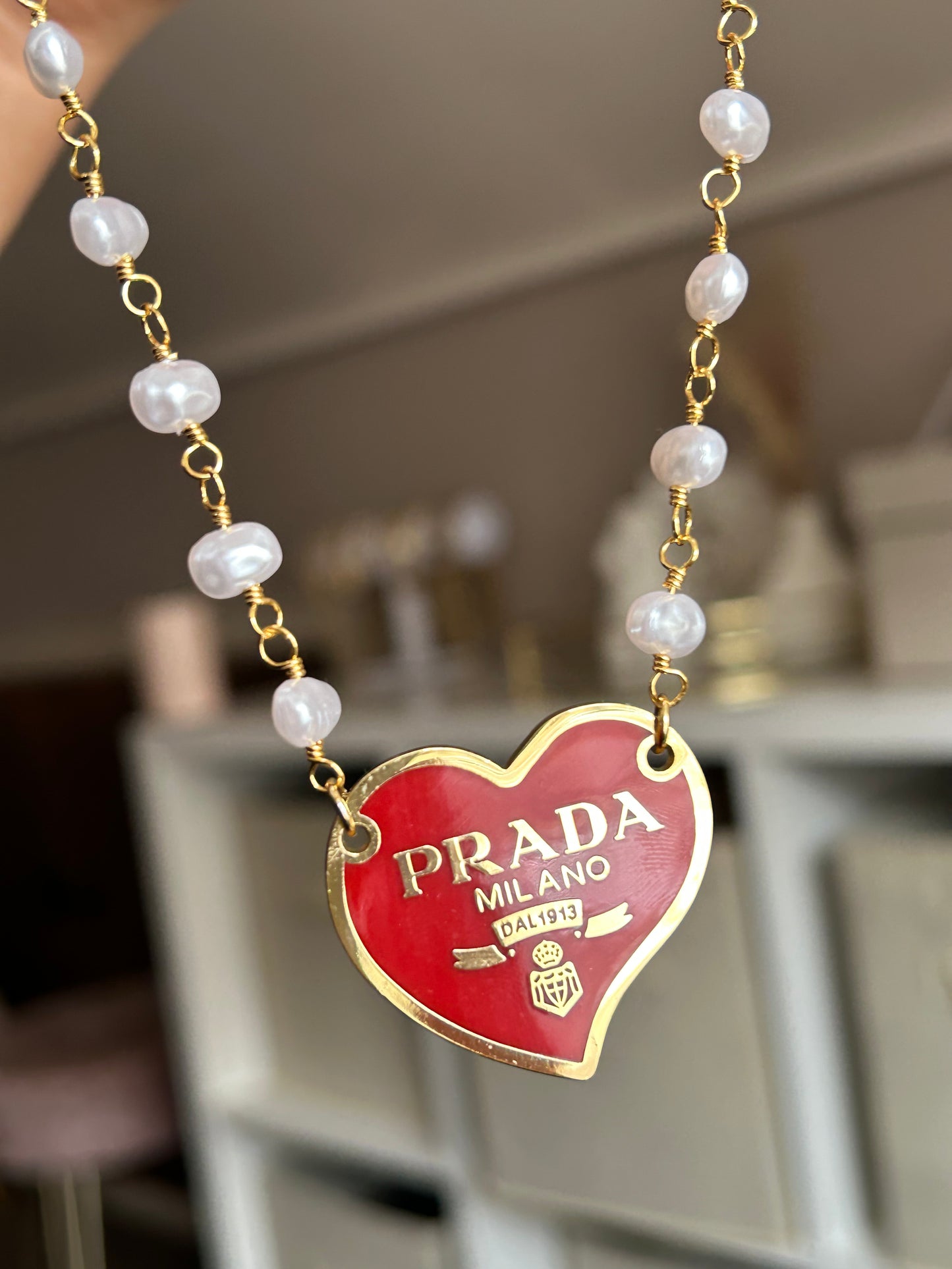 PRADA RED HEART PEARL & GOLD CHAIN