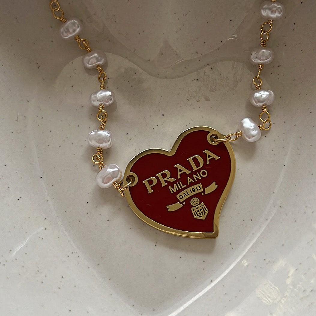 PRADA RED HEART PEARL & GOLD CHAIN