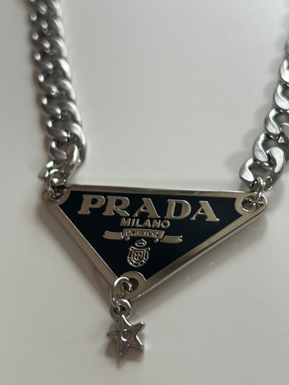 PRADA TAG NECKLACE (BLACK & SILVER)