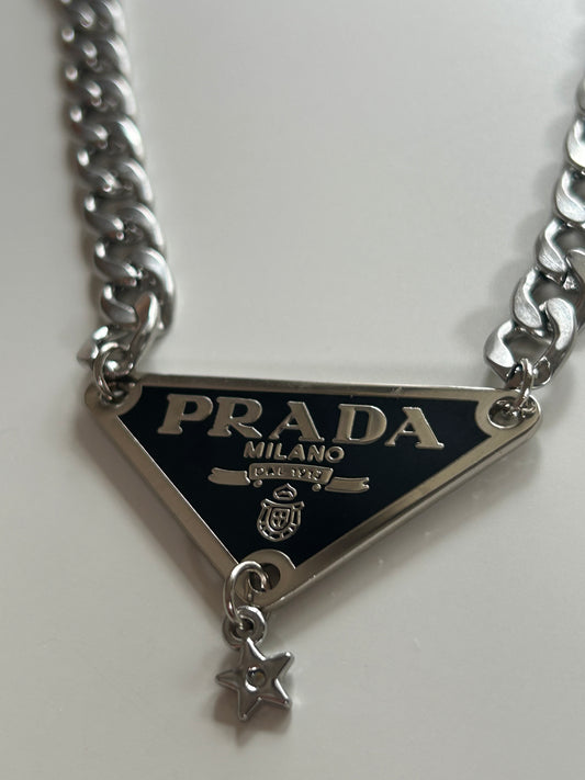 PRADA TAG NECKLACE (BLACK & SILVER)